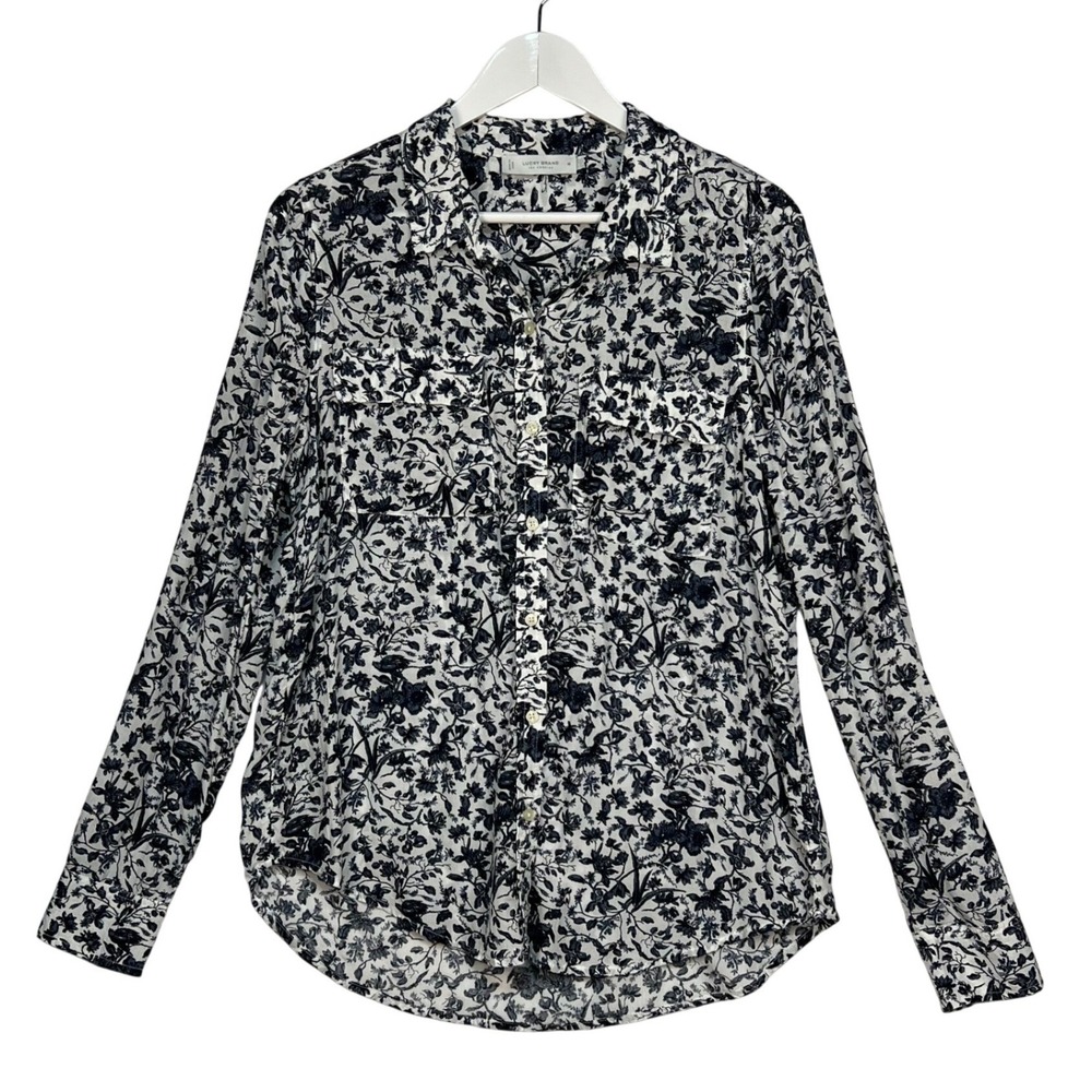 Lucky Brand White Blue Floral Button Up Women M Long Sleeve Cotton Linen FLAW